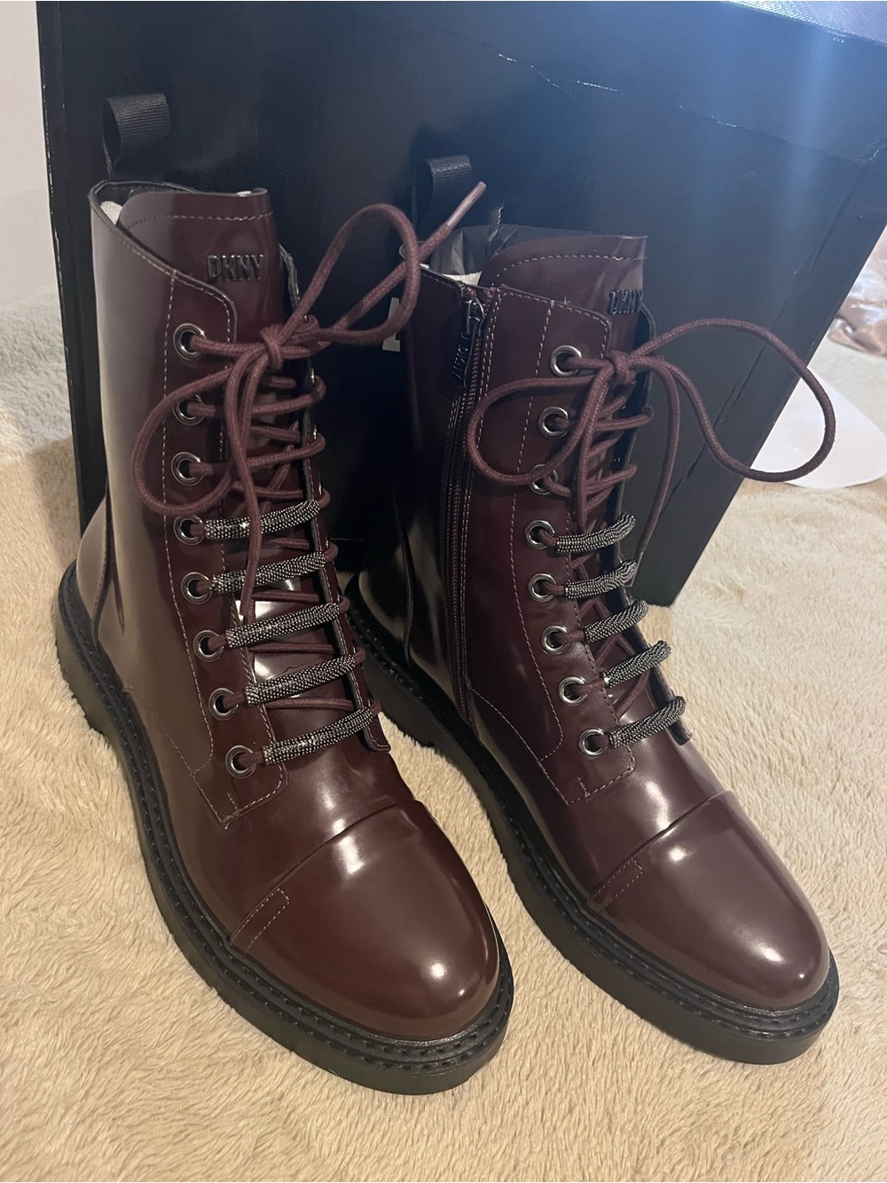 DKNY Malaya K3307120 Boots Womens Burgundy Leather Cap Toe Lace Up Combat